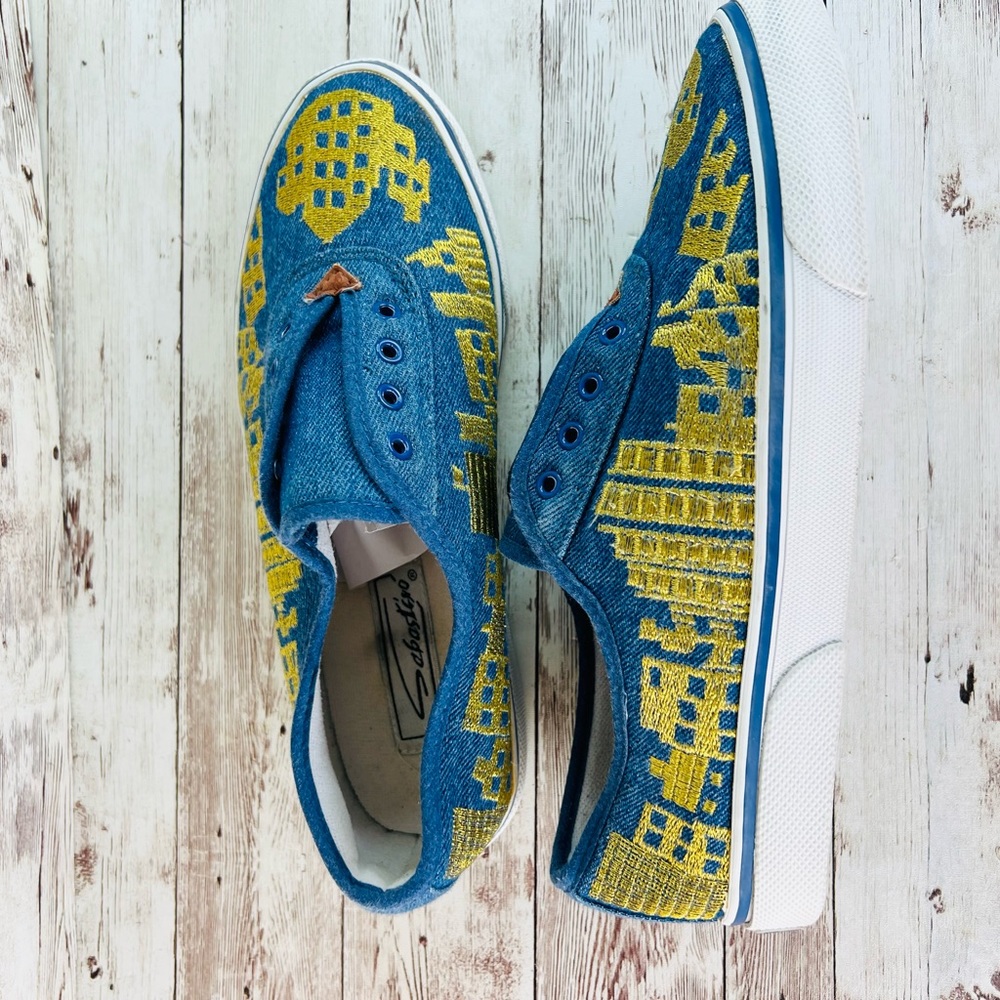 Y2K Sebastiro 90s City Scape embroidered Sneakers size 7.5 skyline design - Picture 3 of 12